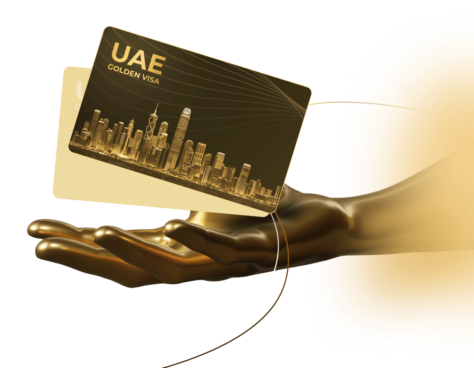 A golden hand holding a UAE Golden Visa card featuring a stylized Dubai skyline.